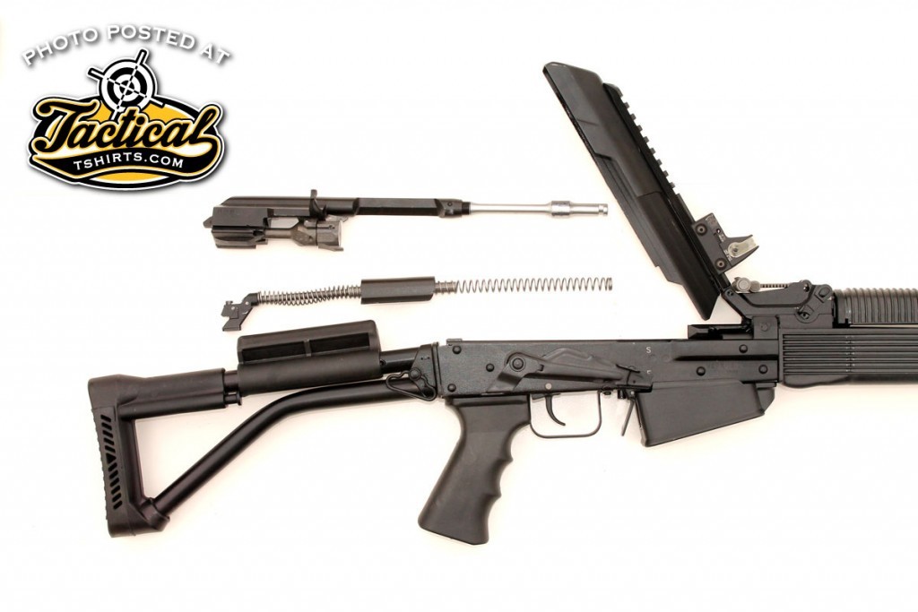 The Vepr-12 is as simple to take down as any AK. Tip up the receiver cover then remove the recoil spring and the bolt/piston unit to clean the bore and flush the hammer/trigger mechanism.