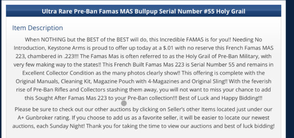 FAMAS Rifle Auction Price Record.