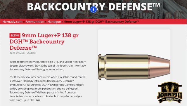 Hornady Backcountry Defense - 9mm Bear Load.